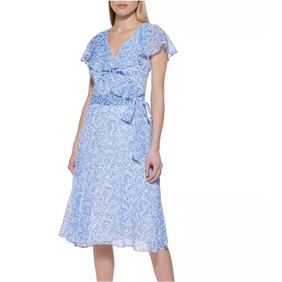 Tommy Hilfiger NWT Floral Printed Capelet V-Neck Ruffle Midi Dress Size 10 - Picture 1 of 9